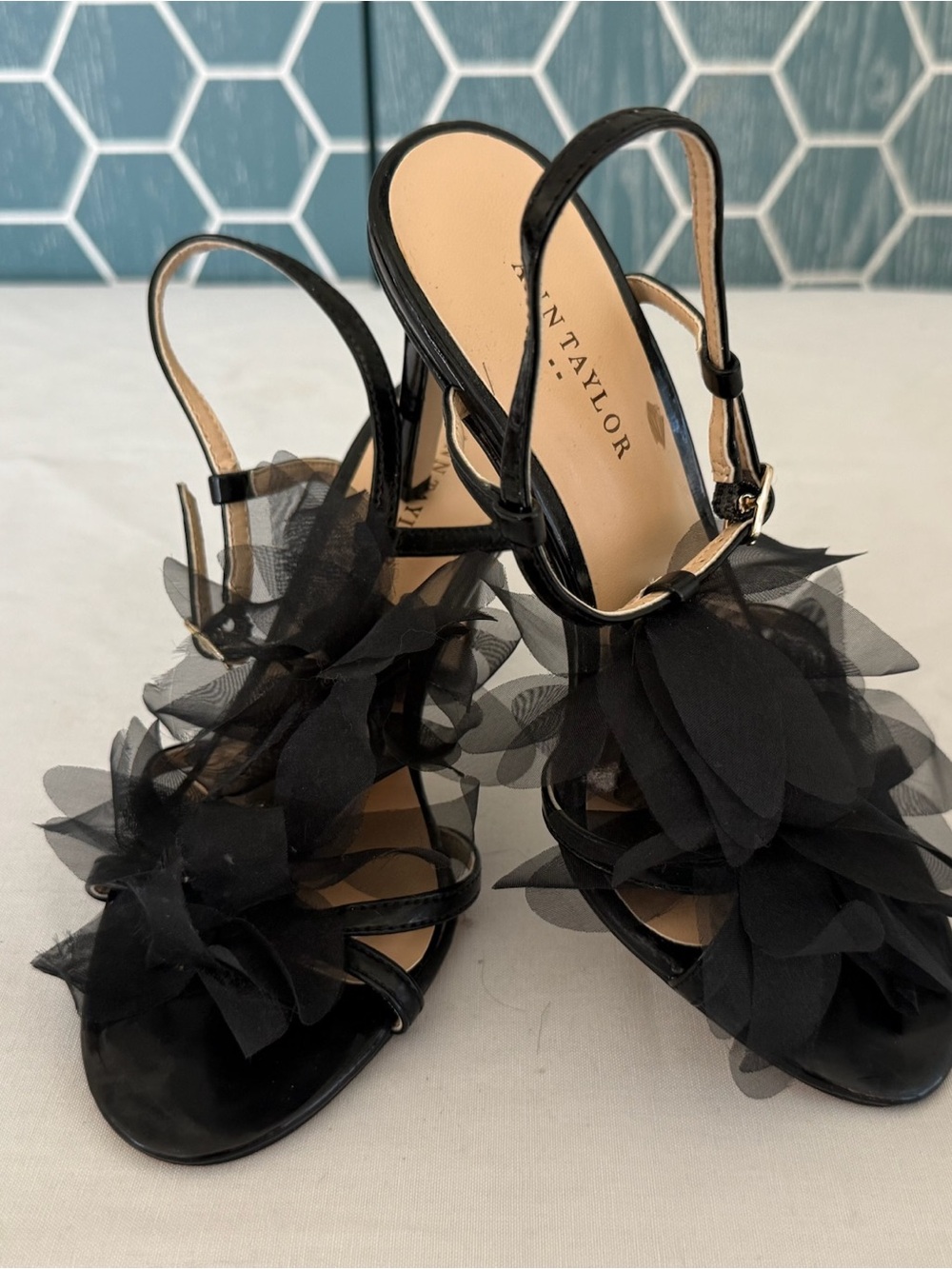 Ann Taylor Black Floral Tulle Slingback Heels